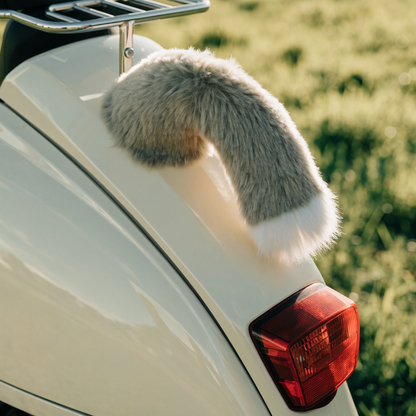 Khaki and white wagging tail mounted on the rear panel of a cream retro scooter